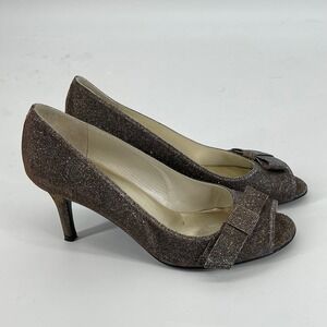 Stuart Weitzman Bronze Sparkle Peep Toe Bow Heels Evening‎ Party Shoes Formal